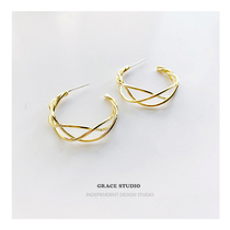 G S Staggered Minimalist Lines Woven Hollowed-out Ear Nails 14K Bag Gold C Type Circle Rings Earrings Texture Metal Ear