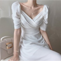 South Korean sweet and beautiful dress woman 2021 Xia new heart machine to collect waist display slim temperament Bubble Sleeves Snowspun Holiday Long Dress