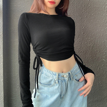 H home European and American style super A short solid color side pleated strap cotton t shirt female Joker basic tight base