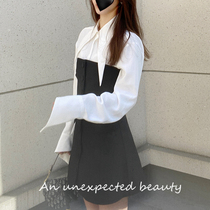 Kimhekim sharp collar shirt shirt with small short skirt closeted waist and short skirt waist seal suit woman