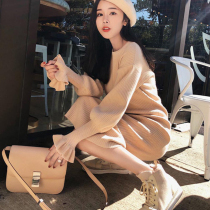 Long knee sweater skirt autumn and winter thin sweet Korean slim bottom long sleeve temperament knitted dress women