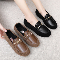 Mao shoes women winter wear plus velvet thick sole 2021 New one pedal flat bottom warm lamb hair fairy Bean shoes