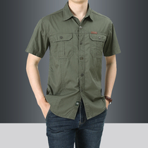 2021 summer New loose short sleeve shirt Mens Military casual large size washed cotton work shirt mens tide