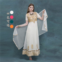 Indian dance practice suit with rice white embroidered bead next to Anna national wind mesh yarn short sleeve long style suit