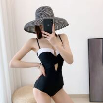 2020 new one-piece with chest pad sleeveless belly covering swimsuit female Japanese and Korean black and white twist bag sexy backless bikini