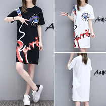 Tide brand 2020 Summer new short sleeve dress long print loose slim collar size cotton T-shirt skirt