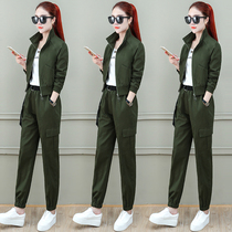 Fashion casual suit women spring and autumn 2021 New Fashion Womens port flavor tooling two-piece set age reduction pants tide