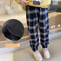 OKAIDI French girls suede pants thickened Winter Korean version 2021 new plaid children warm-beam feet