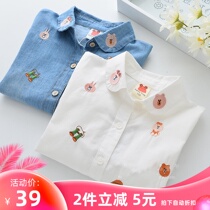 Girls Cotton Embroidery Joker White Shirt Children Soft Denim Shirt Baby Top Lapel base shirt New
