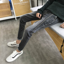 Stretch mens jeans spring tight fit Korean trend small feet plus velvet student trousers mens pants Black