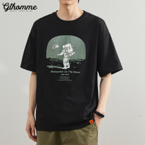 2022 Summer new men short sleeve T-shirt trendy loose round collar print 100 lap fashion black half sleeve compassionate