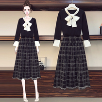 Big woman high-end large size womens clothing 2020 early autumn new fat mm foreign style thin sweater skirt two-piece suit