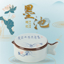 Inkstone ink pool with cover Beginner brush calligraphy practice Sheng ink ink plate Wenfang Sibao pen pen pen wash pen Lick student palette Chinese painting tools High-end water dish multi-function ceramic ink dish