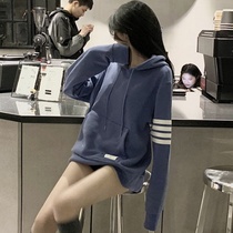Four bars hooded long sleeves tb sweater women tide loose long 2021 autumn and winter New Korean version plus velvet Joker