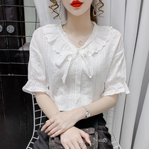 Summer short-sleeved chiffon shirt womens summer 2021 new fashion slim lace shirt foreign-style womens gown