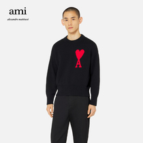 The AMI mens and womens classic love wool blend solid color embroidered casual minimalist crewneck sweater