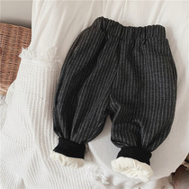 Crooked girls Korean childrens clothing children plus velvet thick vertical strip pants boys and girls Korean version of foreign style fashionable pants tide