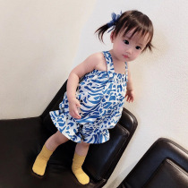 NANI children's clothing girls cotton condole belt jumpsuit super cute baby girl conjoined flower bract pants summer thin cropped pants