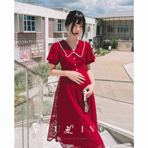 Pregnant woman toast bridal gown red lace engagement dress to get married back door gown woman High waist cover tummy summer
