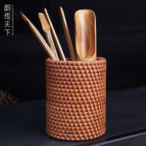 Yunchuan World handmade rattan woven six gentleman barrel pen holder Autumn rattan tea bucket Tea decoration storage zero tea set accessories