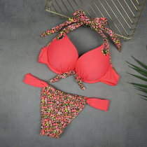 Korean floral sweet thong high fork sexy half-pack hips peach hips steel bracket gathered thickened bikini swimsuit