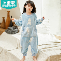 Shangbaomai Autumn new childrens one-piece pajamas Flannel mens and womens childrens warm pajamas one-piece coral velvet home clothes