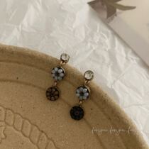 Geometric round diamond eardrop AB flower ear clip silver needle retro ethnic style earrings Joker contrast color eardrop