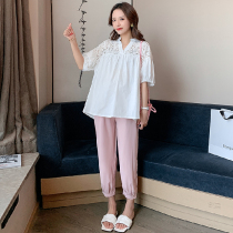 Maternity top summer dress 2022 mid-length hollowed out to cover the pregnant belly foreign style thin chiffon shirt fashion two-piece suit