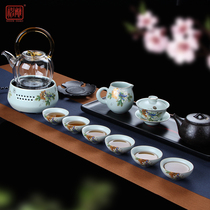 Ru Kiln Complete set of Kung Fu tea utensils Household cover bowl open piece ice crack Ceramic Teapot Titian Teapot Multi-function electric ceramic stove