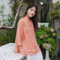 2021 summer new Chinese style womens zen top long sleeve stand-up collar loose retro Chinese tea dress women