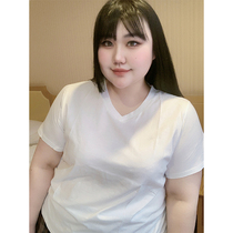 Summer dress big code woman dress fat sister pure color t-shirt blouse loose pure cotton white cover belly button V collar short sleeve compassionate