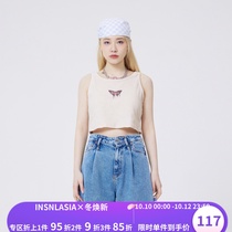 INSNLASIA Original Butterfly Print Crop Tank Top Tide Brand Womens Cropped Strap Top