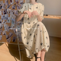Bubble short-sleeved dress vintage mid-length round neck salty sweet age floral skirt slim Platycodon skirt female