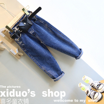 Brand childrens clothing 2019 autumn new womens clothing foreign style Joker micro-play casual denim carrot pants to send running bag belt