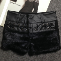 2021 womens casual pants hot pants autumn and winter New rabbit hair stitching pu leather pants womens shorts Joker