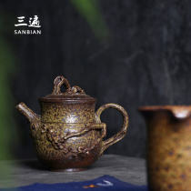 Three times dragon kiln burning firewood roasting coarse pottery teapot pure handmade plum blossom teapot ceramic kung fu tea set teapot single pot