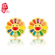 Gold sunflower earrings 3d hard gold colorful enamel sunflower earrings cute smiley expression bag pure gold earrings