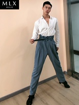 MLX7515 national standard dance adult men's two-wear exercise pants modern high waist loose wrinkled Latin dance pants
