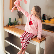 Childrens pajamas thin cotton girl home clothing set girl spring and autumn female middle child long sleeve plaid 6 years old