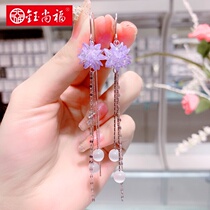 Yushangfu s925 sterling silver long purple ice flower anti-throwing EAR thread temperament tassel Cats Eye Stone personality Joker earring