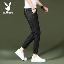 Playboy nine-point jeans mens slim feet Korean version of the Tide brand spring 9-point stretch casual pants Black
