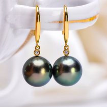 Xinlun 18K gold 8 - 14mm seawater Tahiti black pearl earrings with long earrings decorated round bright light