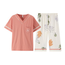 Fenteng pajamas womens summer cotton short sleeves Korean fashion casual V-neck Thin Thin models can be worn outside home clothes set women