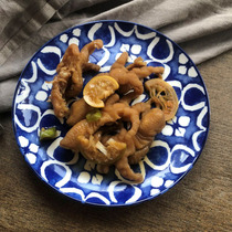 W1962 Outlet British Blue Print Watercolor Effect Glazed Green Flowers Four Leaves Flower Ceramic Cutlery Dinner Plate Deep Tray