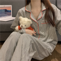 South Korea ins ~ simple wind autumn and winter striped lapel double-breasted long sleeve trousers loose household clothing suit