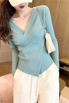 V Collar Knit Undershirt Woman 2021 New Yangqi 100 Lapped Autumn Winter Fashion with a long sleeve t-shirt blouses