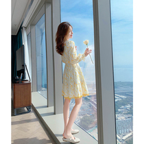 Small spring yellow dress spring dress 2021 new female spring and autumn French floral spring dress