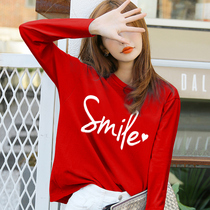 Cotton long sleeve T-shirt women loose red size womens 2020 New Tide early spring Korean version of round neck letter top