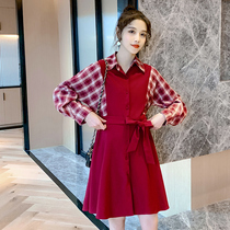 Pregnant women autumn Plaid stitching long sleeve dress 2021 New Hot Mom long size loose pregnancy skirt