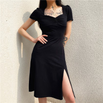 H family French court style high open fork sexy square collar dress female chest pleated small V collar black dress light spring summer